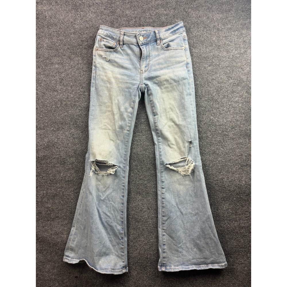American Eagle Flare Jeans Womens 2 Light Wash Distressed Low Rise Next Level